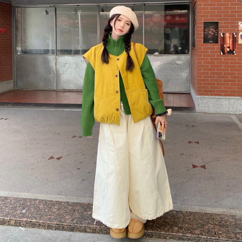 大码女装2025早春胖mm立领双拉链毛衣百搭马甲宽松阔腿裤时尚套装