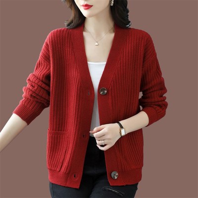 100纯羊毛针织开衫女春秋新款外搭加厚上衣大码宽松短款毛衣外套