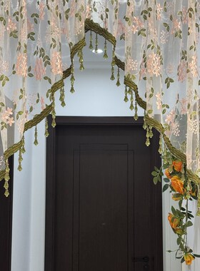 加厚版复古软装绿色水晶刺绣半帘免打孔门帘法式浪漫吊珠蕾丝窗帘