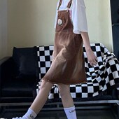 胖mm宽松显瘦减龄百搭小个子短款 棕色牛仔背带裙女夏季 大码 连衣裙