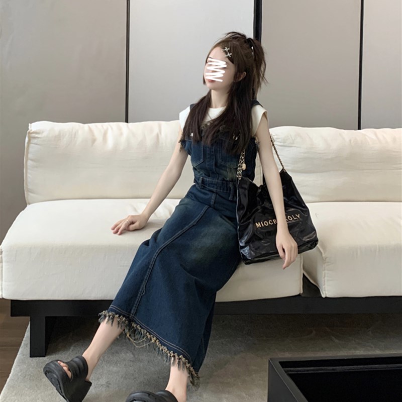 毛边牛仔背带连衣裙女夏季新款高级感复古收腰a字裙长裙裙子质感图片