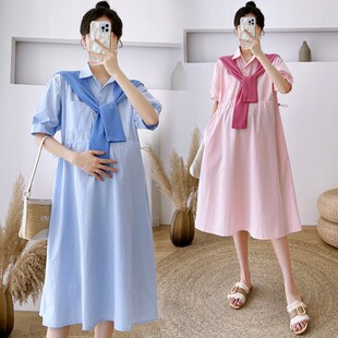 夏装 休闲怀孕裙子夏季 短袖 连衣裙宽松大码 孕妇裙夏 翻领衬衫 孕妇装