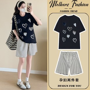 休闲黑色圆领百搭印花上衣短裤 孕妇套装 时尚 2025新款 两件套女 夏季