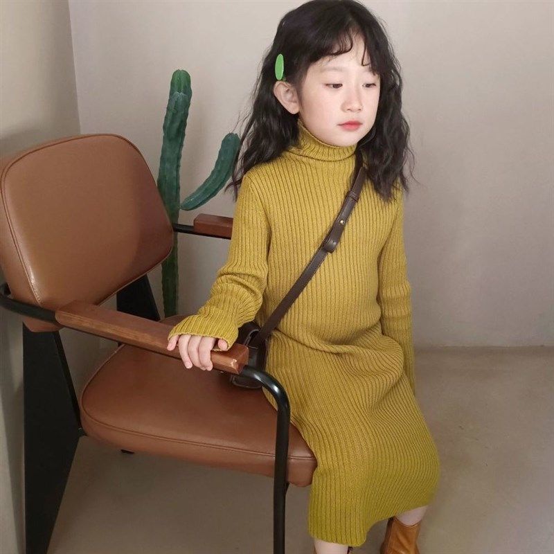 女童高领毛衣裙2024秋冬装新款宝宝针织百搭长裙儿童打底连衣裙潮图片