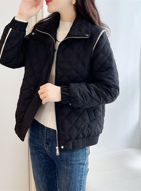 菱形格黑色棉服外套女短款冬季新款撞色线头时尚百搭保暖休闲棉衣