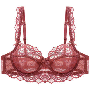 少女美屋性感文胸超薄款无海绵内衣透气蕾丝大码奶罩9241胭脂红32