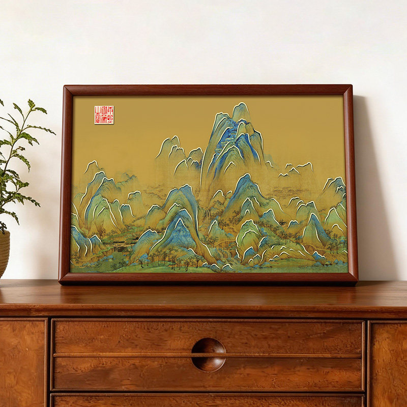 千里江山图铜雕画台桌面摆件紫檀实木框高级感礼品玄关山水装饰画