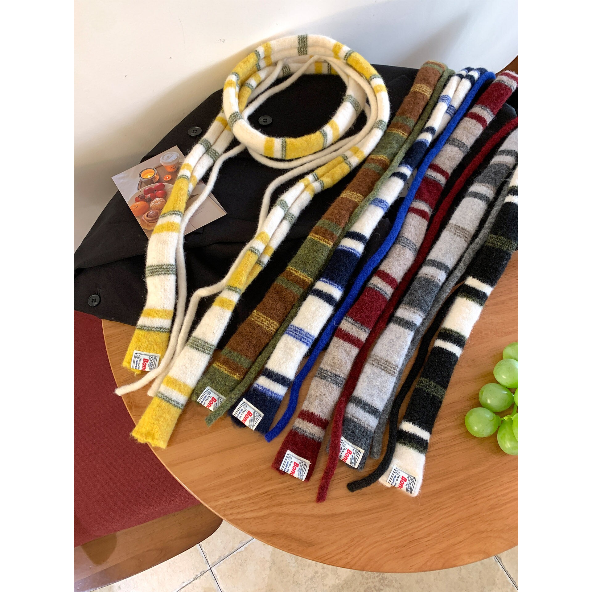 时髦单品!双根条纹细窄长条小围巾女秋冬季潮酷百搭保暖护颈围脖