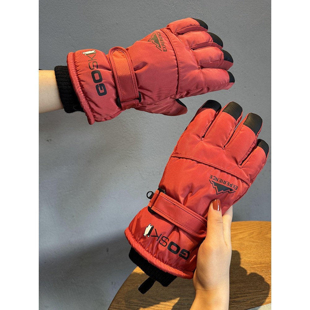 手套滑雪冬季女骑车加绒保暖防寒防水触屏户外冬天红色保暖手套男