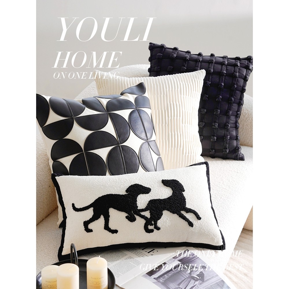 轻奢高级感黑白抱枕法式中古靠枕刺绣简约床上客厅沙发抱枕套含芯