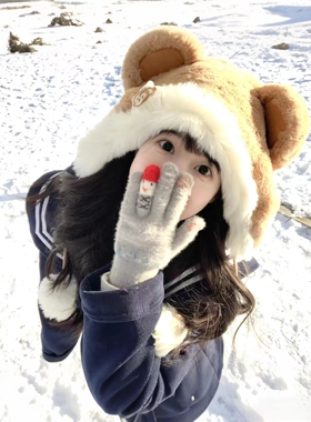 雪人手套女士冬针织毛线加厚保暖学生可触屏防寒可爱全指骑车手套