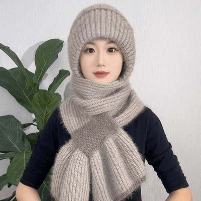 新款帽子围巾一体加绒加厚女冬季毛线编织风雪帽松鼠绒保暖网红帽