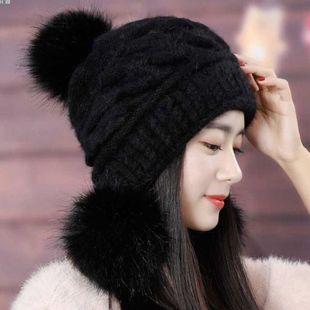 帽子女冬季韩版加绒时尚帽可爱护耳新款双层加厚毛线帽保暖时尚帽