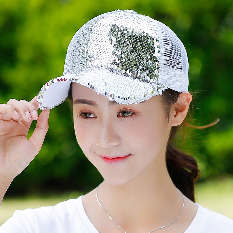 帽子女夏天韩版休闲百搭潮亮片鸭舌帽网纱透气棒球帽太阳帽遮阳帽