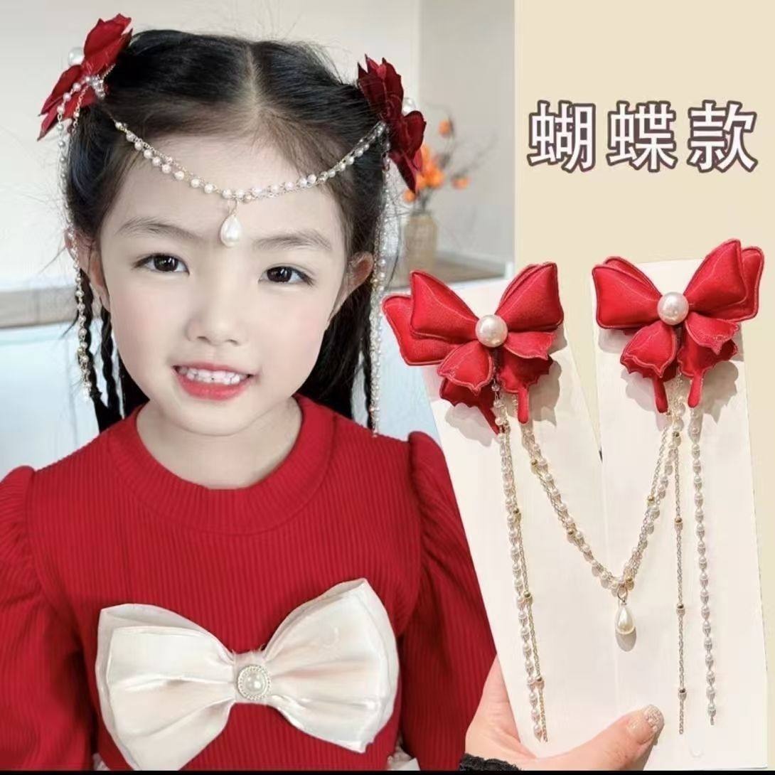 儿童珍珠蝴蝶结额头链女童春节超仙后脑勺流苏吊坠发夹新年发饰品