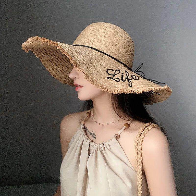 草帽帽子女夏季字母刺绣毛边大沿沙滩太阳帽出游海边度假防晒草帽
