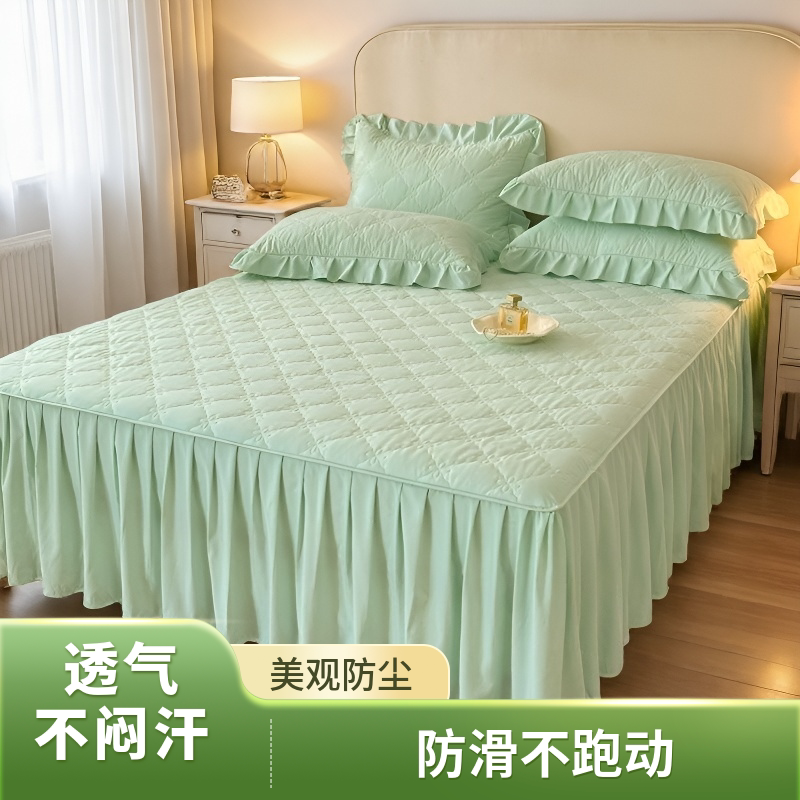 A类纯棉荷叶边床裙夹棉绗缝防滑不跑动透气不闷汗家用床罩带裙边