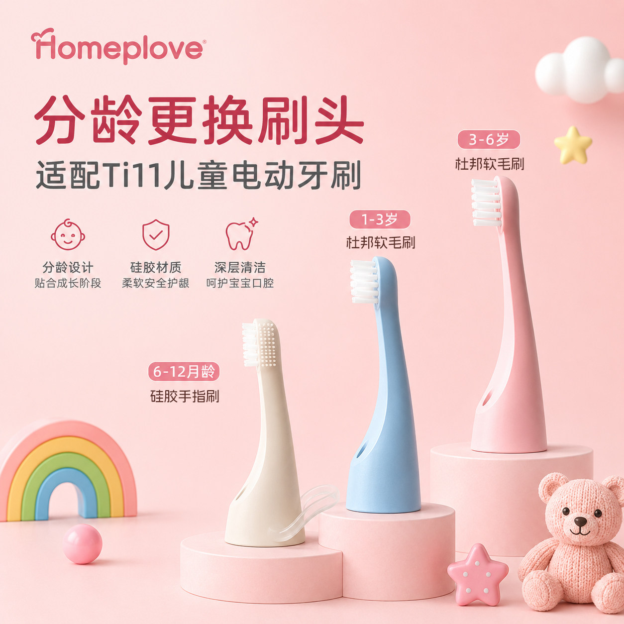 Homeplove儿童电动牙刷Ti11原装替换刷头0-3-6岁分阶刷头(2只装)