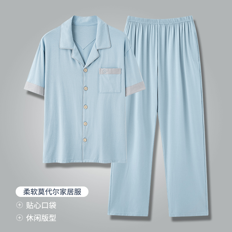 莫代尔男士睡衣夏季宽松可外穿短袖长裤加大码家居服套装2025新款