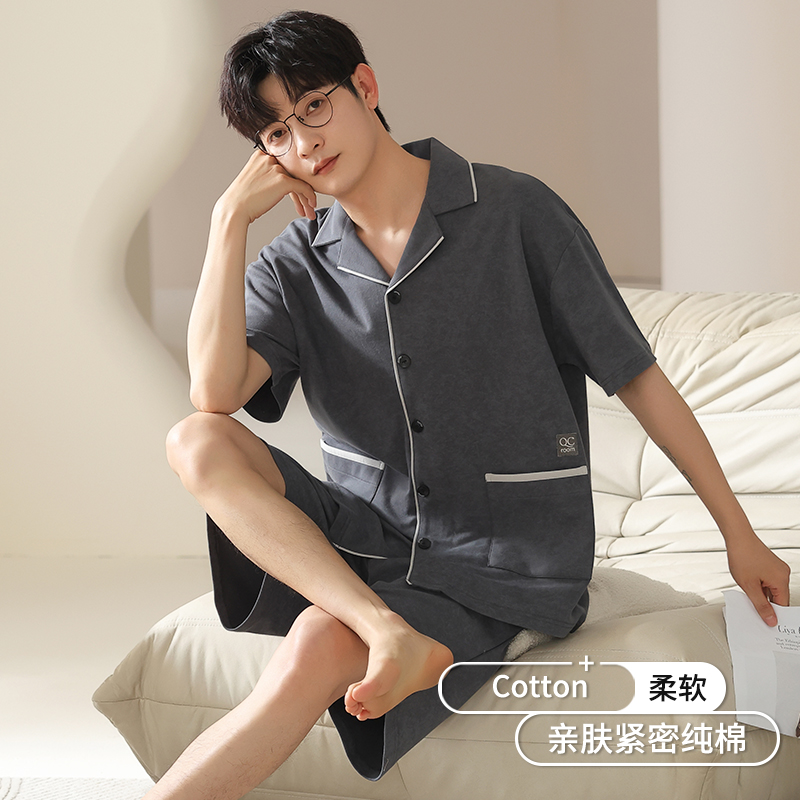纯棉睡衣男款夏季短袖开衫2025新款可外穿爸爸夏天薄款家居服套装