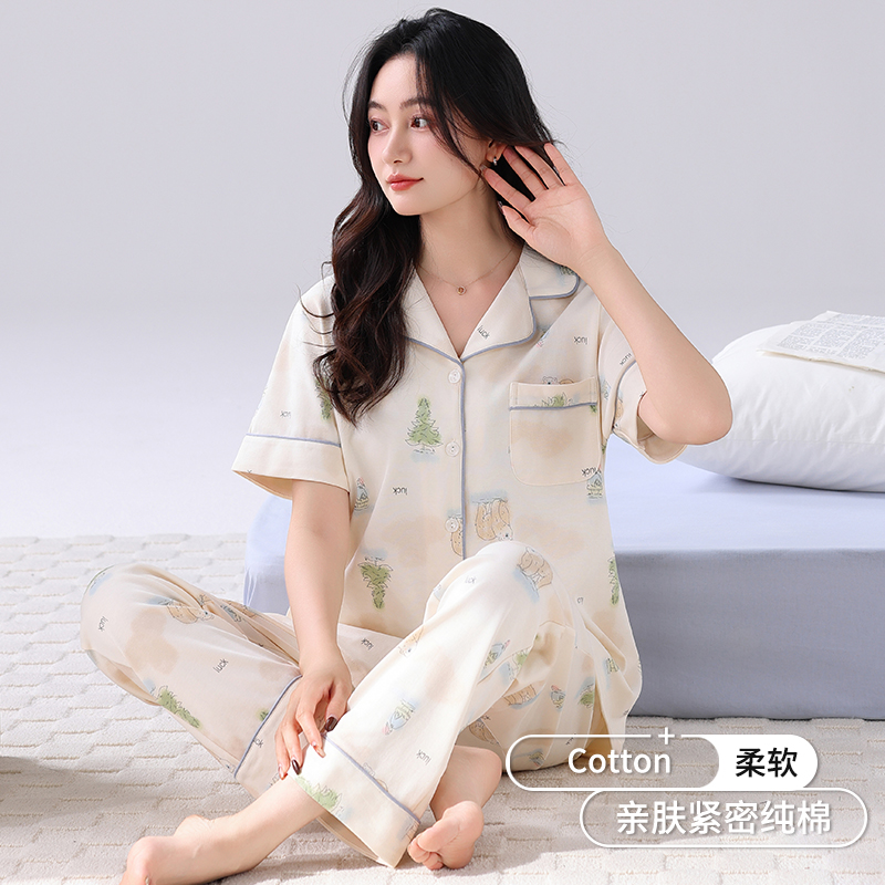 纯棉睡衣女款夏季2025新款夏天空调房短袖长裤套装大码开衫家居服