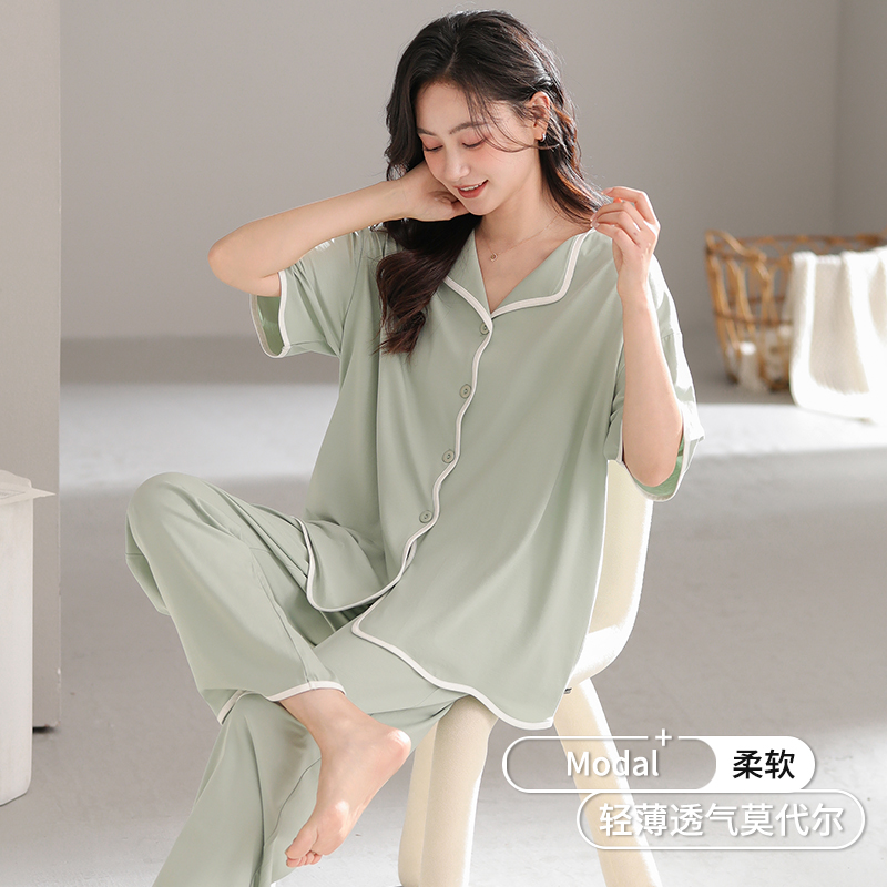 莫代尔睡衣女款夏季2025新款女士冰丝夏天短袖长裤薄款家居服套装