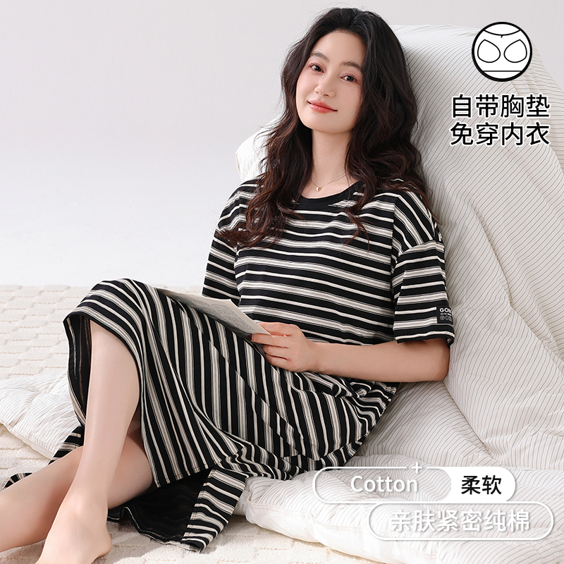 纯棉睡裙女款夏季2025新款带胸垫短袖中长款裙子可外穿高级感睡衣