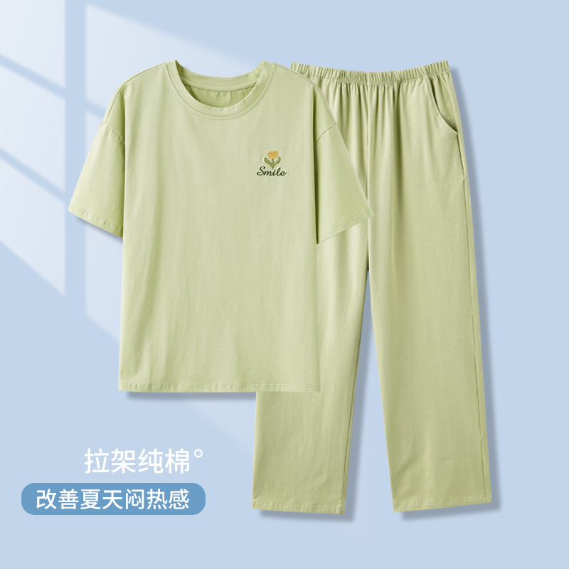 女款纯棉睡衣大码短袖长裤可外穿