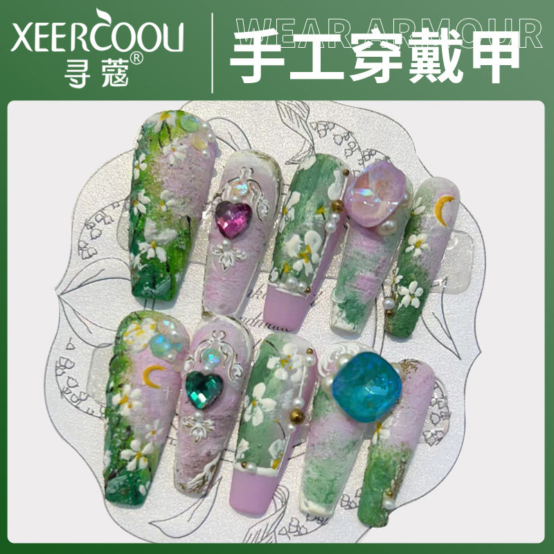 手工穿戴甲 珐琅掐丝春日花园元气满满油画质感重工ins手绘美甲