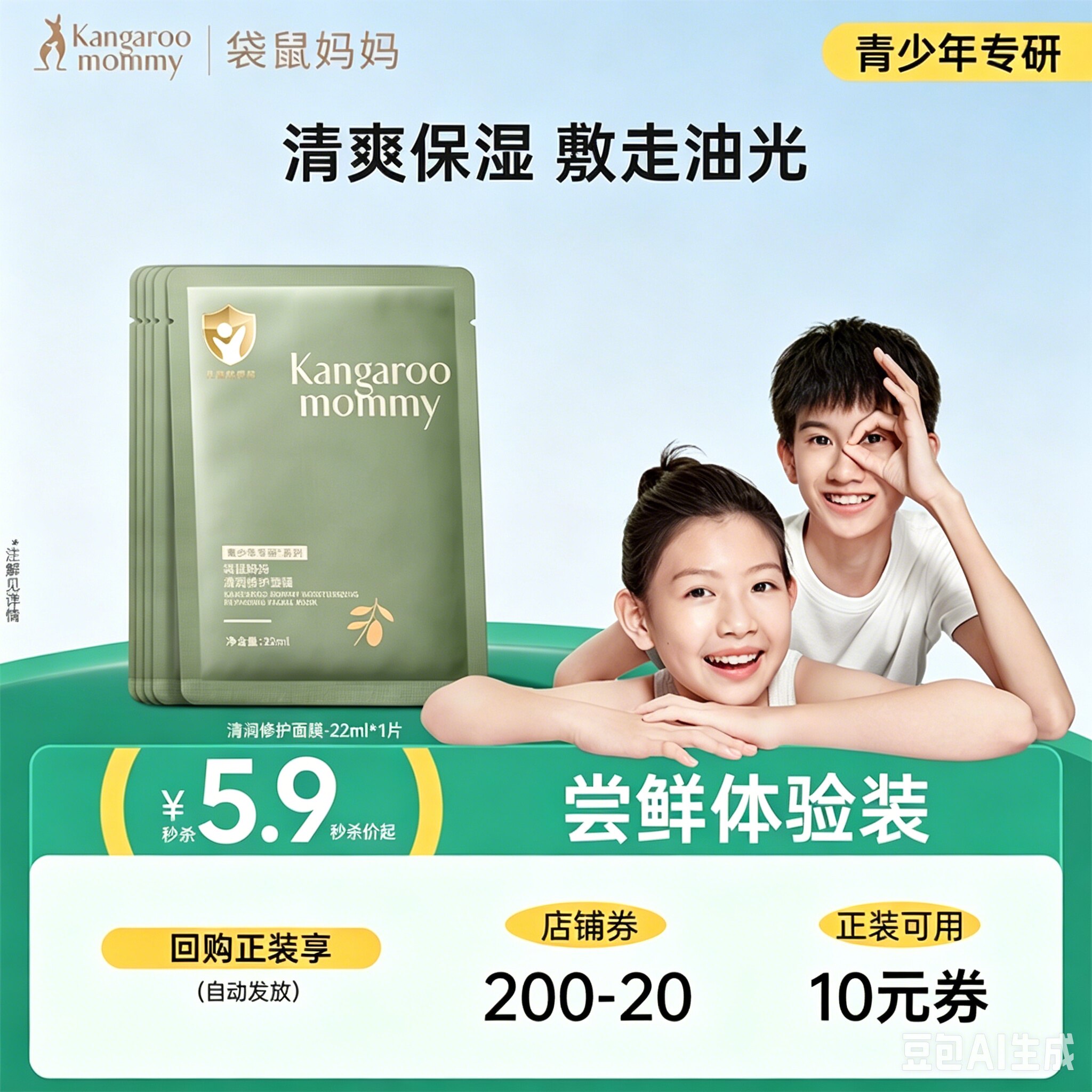 【官方派样】袋鼠妈妈青少年保湿修护面膜22ml 1片