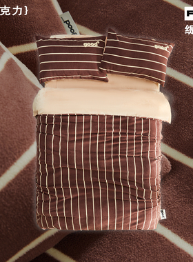 gohm{热巧克力}秋冬季加厚牛奶绒条纹复古棕色保暖美好商店四件套