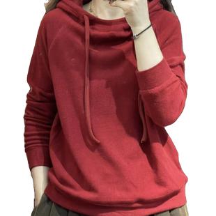 套头双面德绒连帽内搭卫衣女2024秋冬新款百搭宽松保暖打底帽衫潮