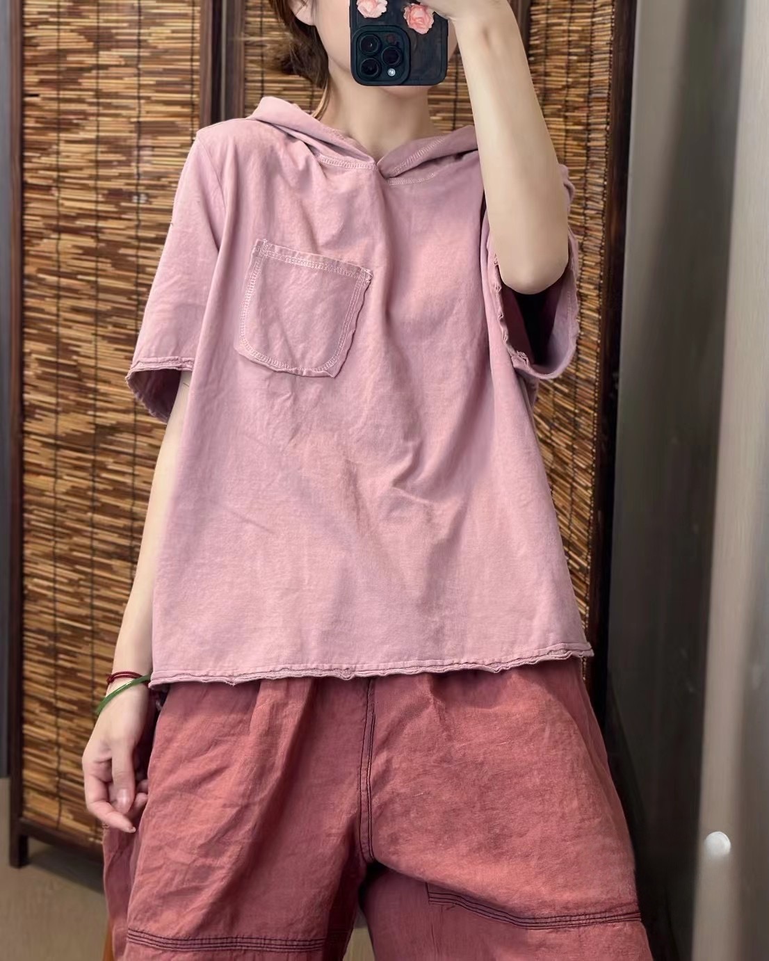 纯棉水洗短袖连帽落肩纯色T恤