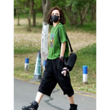 两件套装女2025年夏季新款减龄纯棉印花短袖T恤+水洗棉七分哈伦裤