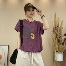 2025夏季新款减龄洋气时尚圆领彩色字母短袖下摆带抽绳T恤上衣女
