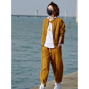 时尚休闲洋气三件套装女春款百搭宽松长袖外套+白色打底衫+哈伦裤