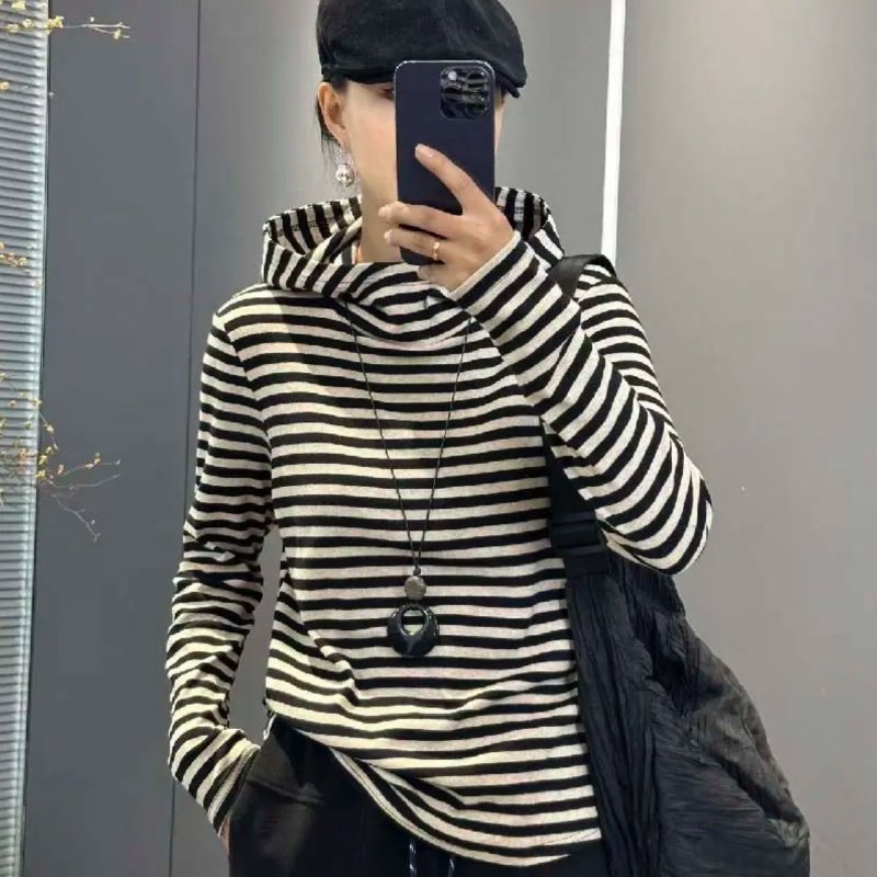 2025春季新款减龄时尚百搭休闲简约宽松条纹卫衣连帽长袖打底上衣