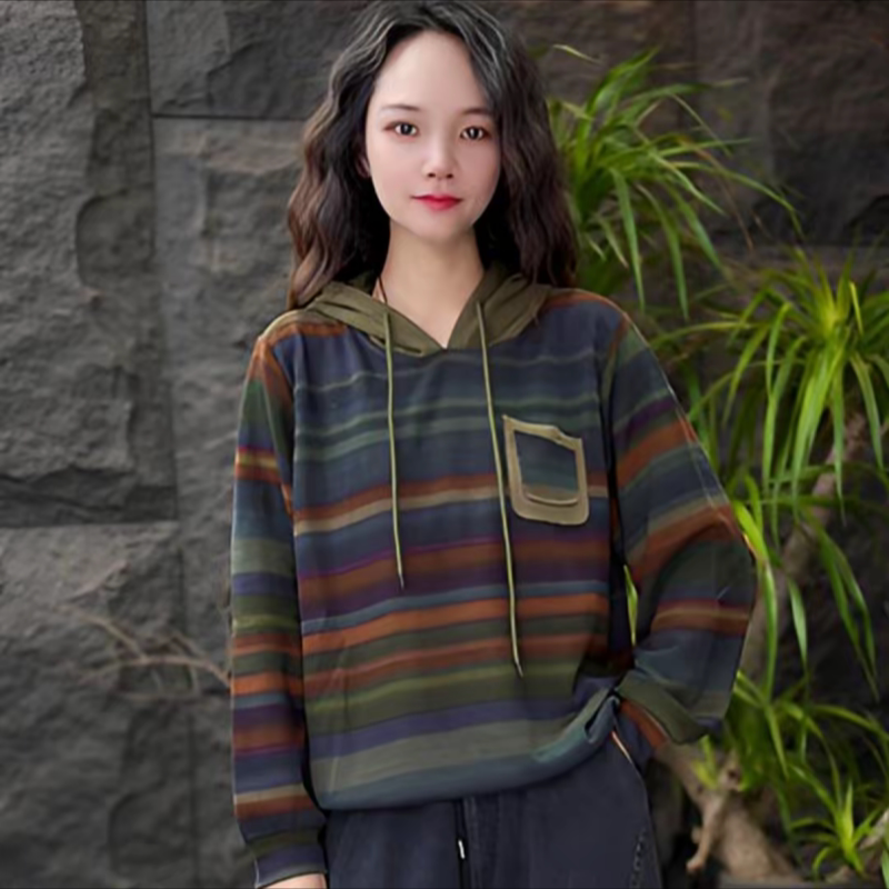 2026春秋新款洋气时尚条纹连帽卫衣长袖套头宽松型休闲百搭女上衣