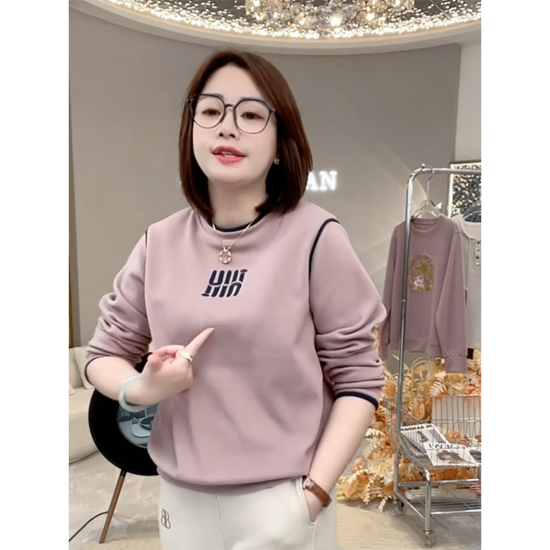 时尚撞色百搭减龄刺绣字母圆领卫衣女2026春秋季新款减龄加厚上衣