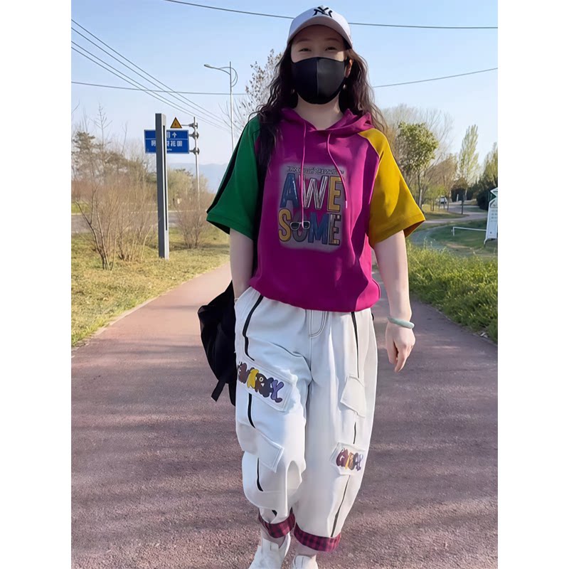 时尚两件套装女2026夏季新款拼色连帽印花短袖T恤+水洗棉哈伦裤潮
