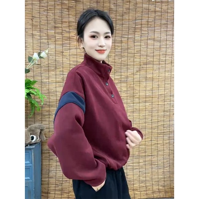 半高领加绒加厚拼色卫衣女