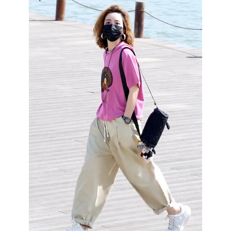 时尚两件套装女2025年夏季新款连帽小女孩印花短袖水洗棉哈伦裤潮,女装/女士精品,时尚套装,淘宝优惠券,粉丝福利购,淘宝优惠卷