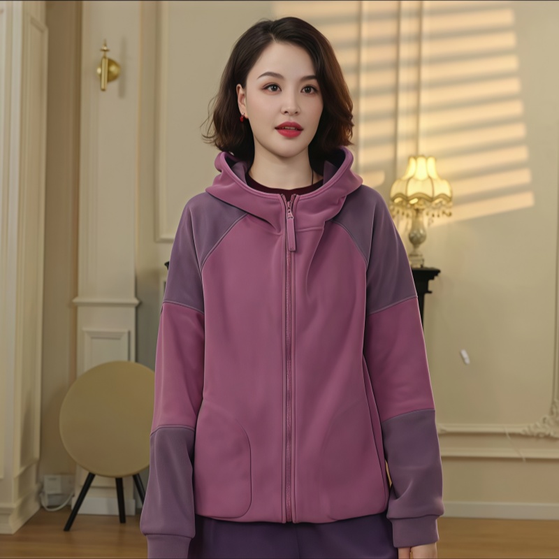 减龄加绒撞色连帽拼色外套女
