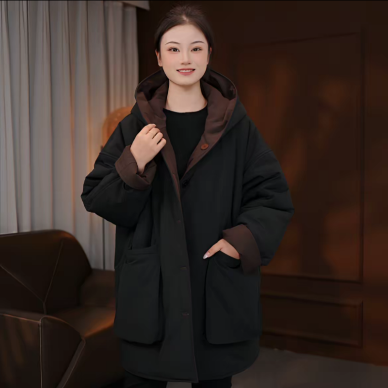 欧货宽松大板型女2025秋冬季新款连帽两面穿大口袋休闲中长款棉服
