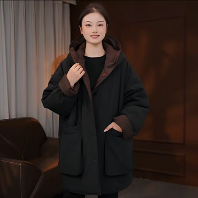 连帽两面穿大口袋休闲中长款棉服