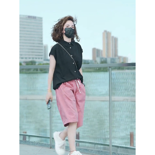 POLO领衬衫 两件套装 短裤 时尚 水洗棉五分裤 短袖 女2025年夏新款 T恤