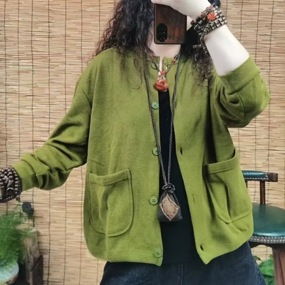 2025年春装新款纯色圆领短外套女宽松休闲薄款针织单排扣卫衣开衫