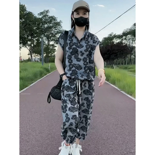 POLO領(lǐng)印花短袖 上衣八分薄款 女2025年夏季 休閑哈倫褲 新款 兩件套裝