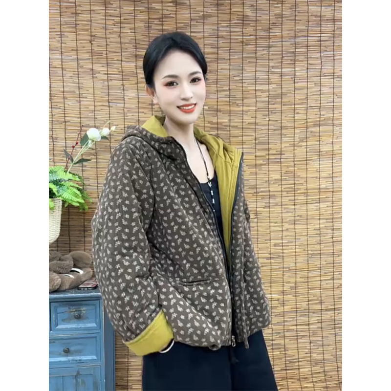 时尚灯芯绒印花加厚棉衣女