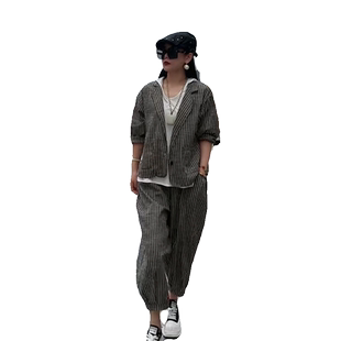 复古大码休闲套装女2024秋款短袖条纹西装领宽松九分哈伦裤两件套